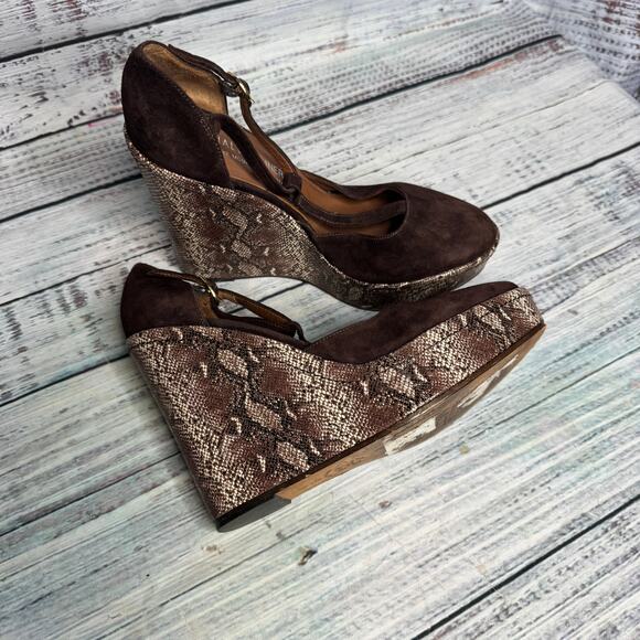 Donald J Pliner Wedge Heels Size 6 Brown Suede Snakeskin Platform Sandals Italy - Picture 2 of 4